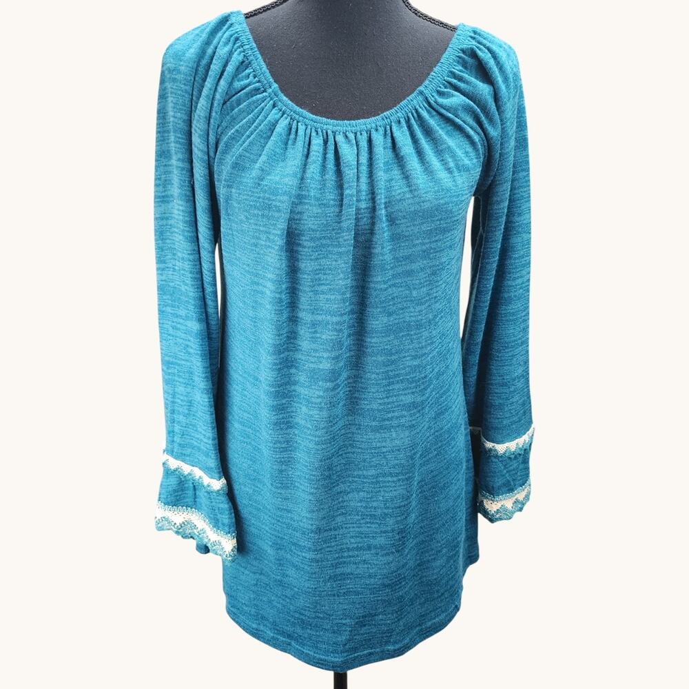 NWT Winwin Blouse Women S/M Blue Double Lace Sleeve Tunic Hippie Top Hipster New - Picture 3 of 13
